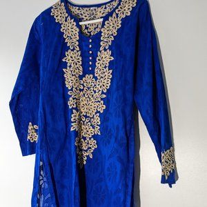 *3/$10* Embroidered Kurta Royal Blue Gold Size 38 (US Size 4/6)